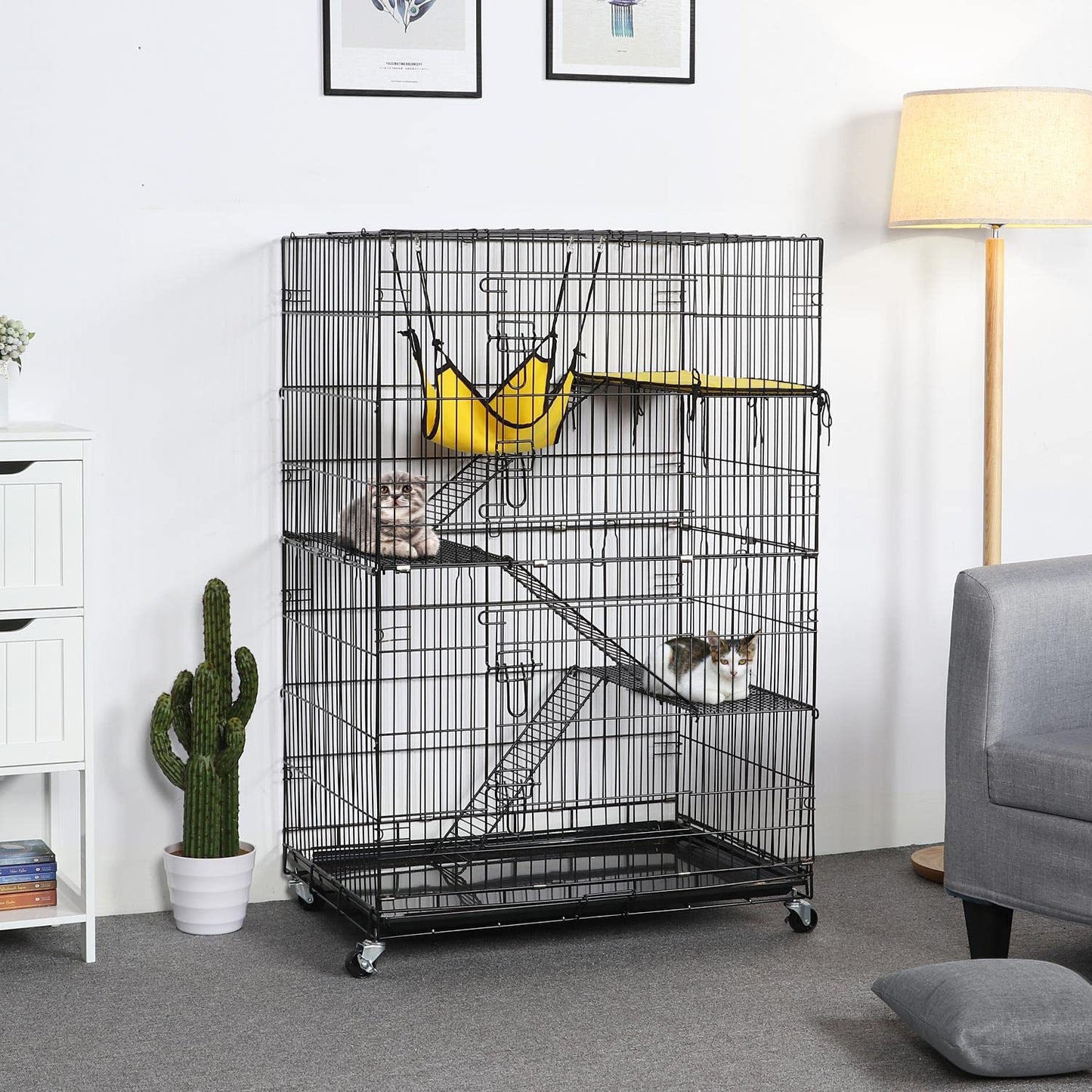 Yaheetech 49'' Collapsible Cat Cage 4-Tier Metal Cat Kennel Ferret Enclosure Chinchilla Cage with Rotating Casters/Ramp/Ladders/Hammock for Indoor Kitten