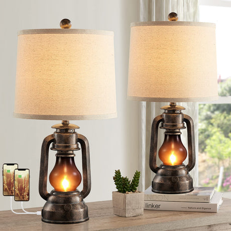 RORIANO Farmhouse Lantern Table Lamps for Living Room Set of 2, Vintage Bedroom Resin Lamp with Dual USB Charging Ports, Rustic Retro Bedside Nightstand Desk Lamp, Linen Fabric Shade RORIANO