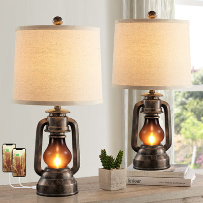 RORIANO Farmhouse Lantern Table Lamps for Living Room Set of 2, Vintage Bedroom Resin Lamp with Dual USB Charging Ports, Rustic Retro Bedside Nightstand Desk Lamp, Linen Fabric Shade