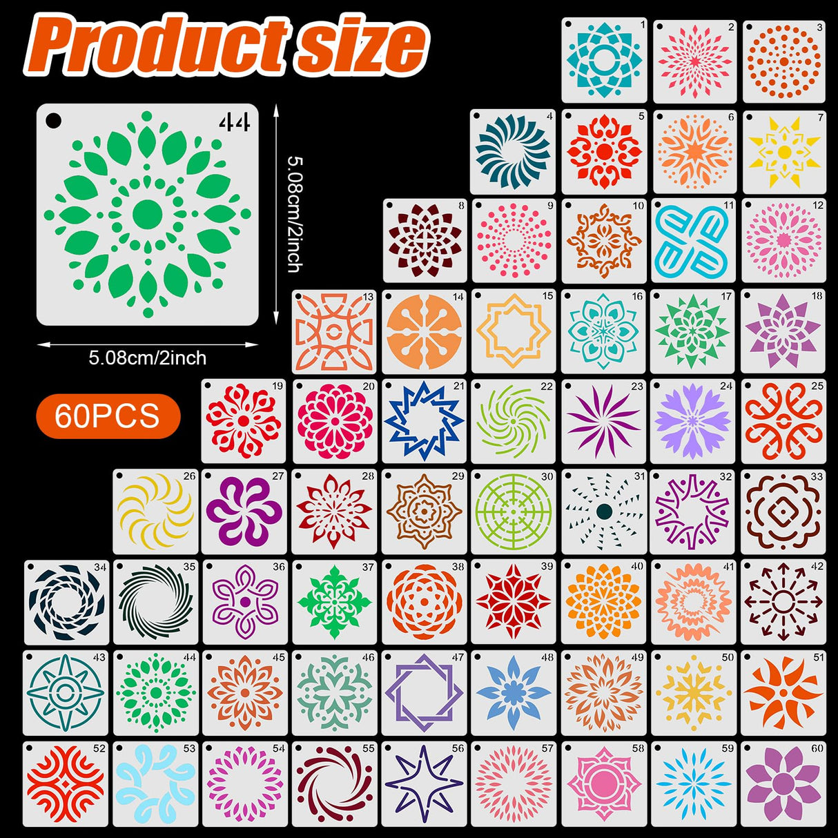 60pcs Mandala Stencils, 2x2 Inch Reusable Mandala Stencils for Painting Mandala Dotting Stencils Crafts Drawing Templates for Rocks Wood Canvas Fabric Art Projects BOXOB