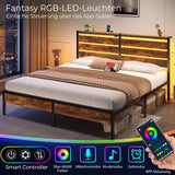 Rolanstar Bed Frame King Size with USB Charging Station, LED Bed Frame with Wood Storage Headboard, Rustic Brown Metal Platform Bed with Under Bed Storage, No Box Spring Needed, Noise Free Rolanstar