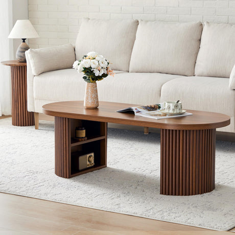 Oval Fluted Coffee Table, 47" Farmhouse Wood Coffee Table Mid Century Modern Center Table Boho Living Room Tables for Living Room Office,Walnut RUSTYER