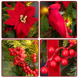 Pinkpuii Pre-Lit Christmas Wreaths for Front Door 24 Inch Christmas Wreath with Lights,Large Winter Wreath with Cardinal Birds,Poinsettia,Green Evergreen Pine Needles Red Berries Holiday Wreath Decor Pinkpuii