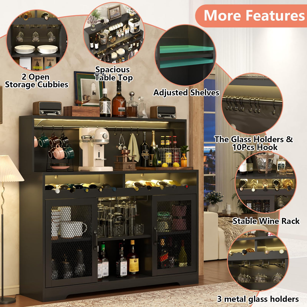 Loomie Wine Bar Cabinet with LED Light, Liquor Cabinet with Glass Holder, Coffee Bar Cabinet for Liquor, Storage Buffet Cabinet with Wine Racks, Wine Cabinet with Mesh Door (Black) Loomie