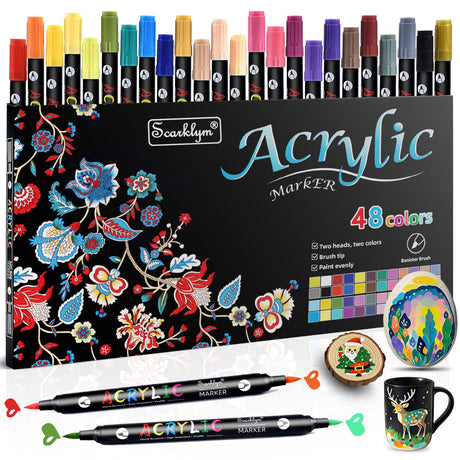 Scarklym 48 Colors Acrylic Paint Markers Pens Set, 24 Pack Acrylic Paint Pens with Dual-Color Brush Tips, Creative Coloring Markers for Rocks, Wood, Canvas, Stone, Fabric, Plastic DIY Art Supplies Scarklym