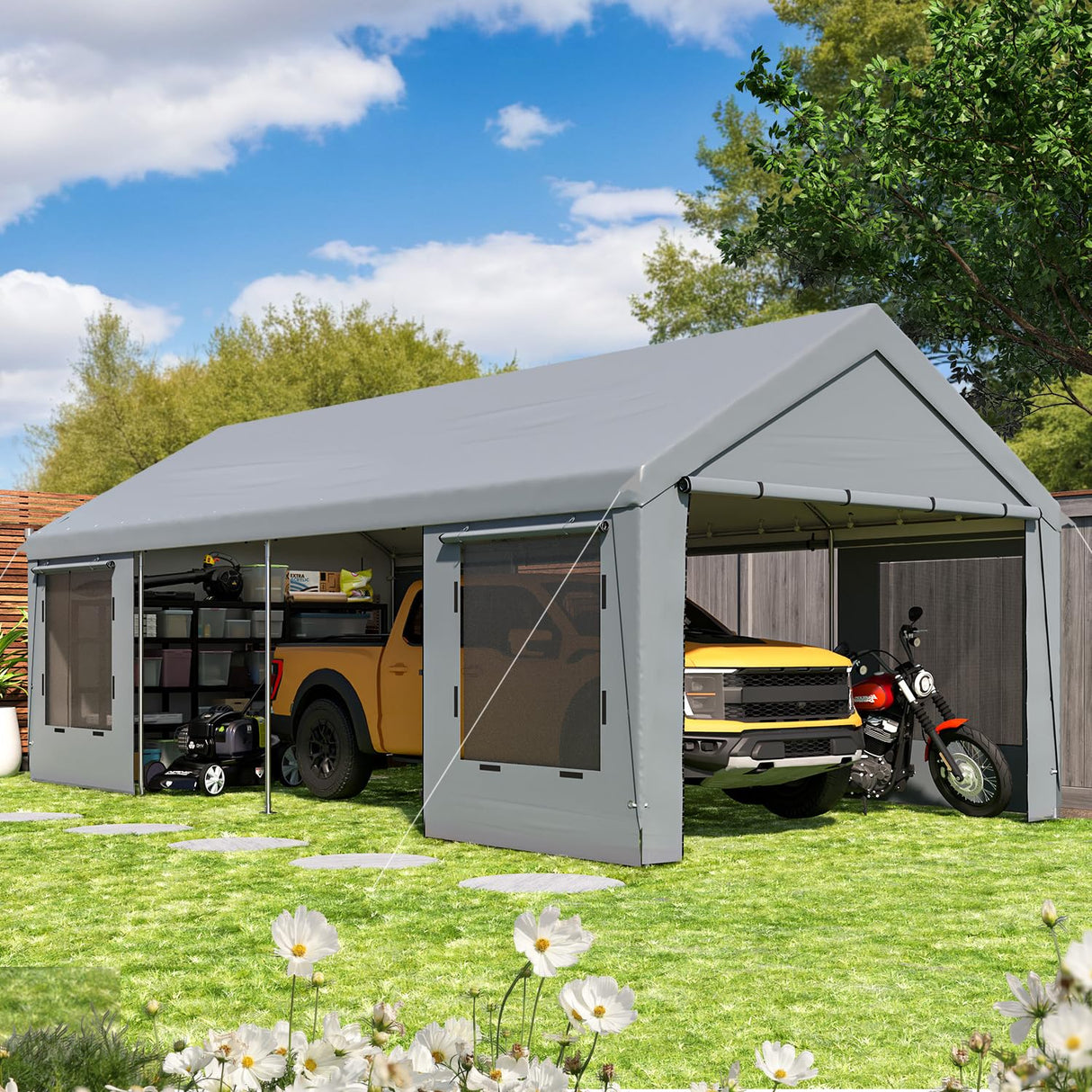 EROMMY 12' x 24' Heavy Duty Carport，Portable Garage with UV Protection & Steel Frame, Car Port with Removable Sidewalls, All-Season Car Canopy for Tractor, Truck, Boat, Outer Gray and Inner White EROMMY