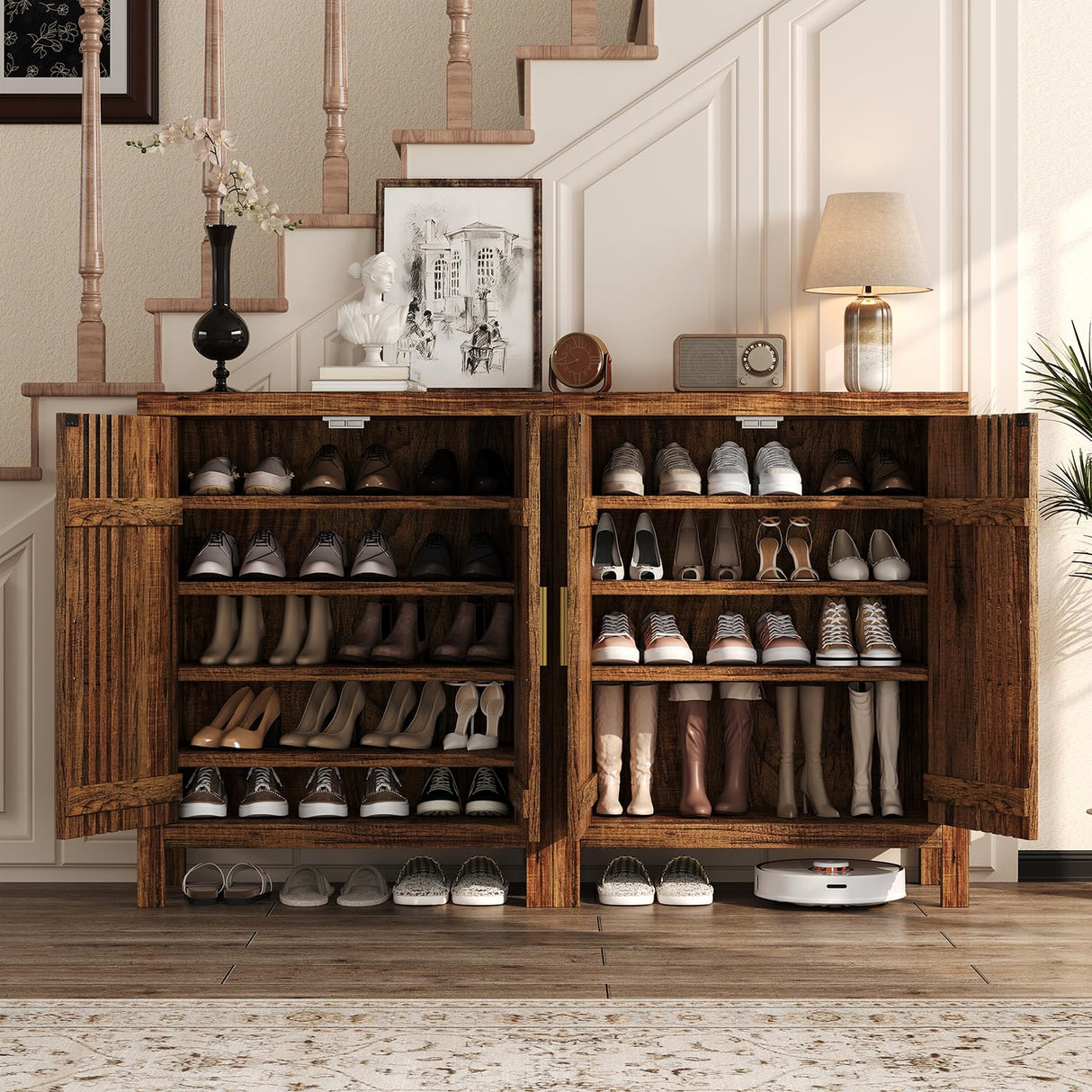 UNIQUITE Wooden Shoes Cabinet with Adjustable Shelves, Retro Freestanding Shoe Organizer Cabinet for Entryway Hallway Living Room, 5-Tier Shoe Cabinet with Doors for 20 Pairs, Dark Walnut UNIQUITE