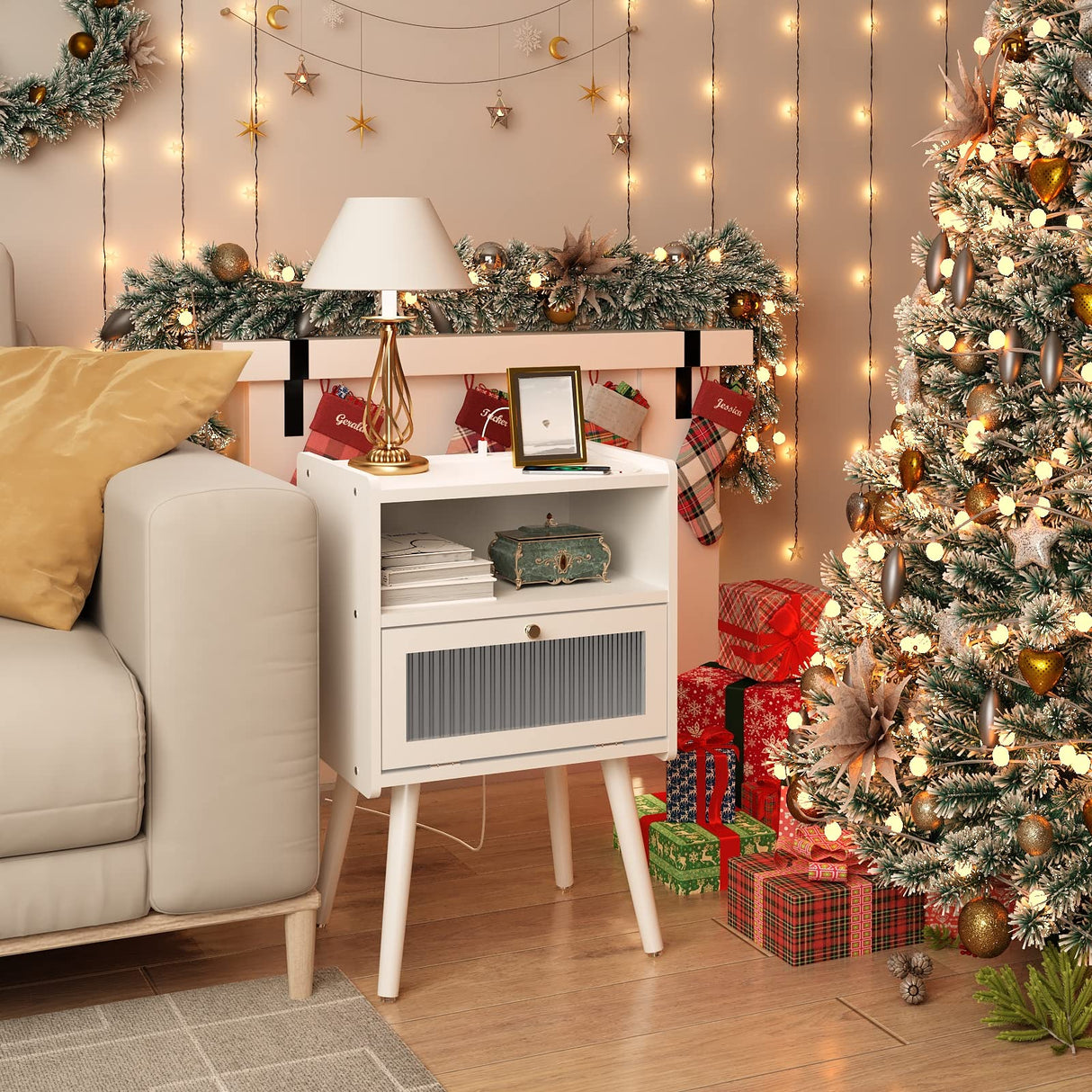 Mid Century Modern Nightstand with Charging Station, Bedside Tables with Glass Decorative Door, End Table Side Table with 2 Tiers Storage Space, for Bedroom, Living Room, White SOOWERY