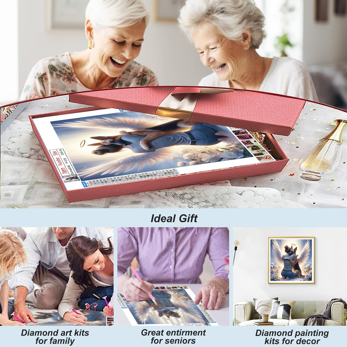 FHBUBPUP Dog Diamond Painting Kits for Adults, Angel Diamond Art Kits for Beginners, 5D DIY Full Drill Round Diamond Dot Gem Art, Craft Gift Suitable for Home Wall Decoration 12×12Inch FHBUBPUP