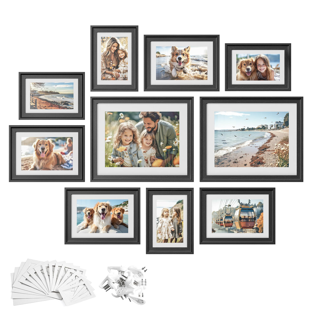 SONGMICS Picture Frames with 16 Mats, Set of 10, Collage Photo Frames with Two 8x10, Four 5x7, Four 4x6 Frames, Hanging or Tabletop Display, MDF and Glass, 12 Non-Trace Nails, Ash Black URPF049B01 SONGMICS