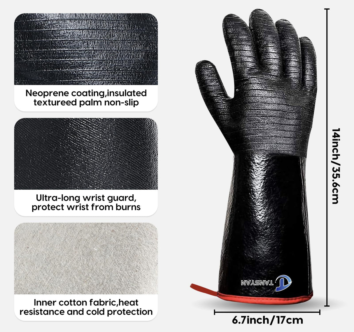 TANSYAN BBQ Gloves, 932°F Extreme Heat Resistant Gloves for Grill BBQ, Waterproof Long Sleeve Pit Grill Gloves for Fryer, Baking, Oven,Smoker,Fireproof, Oil Resistant Neoprene Coating（14-Inch ） TANSYAN