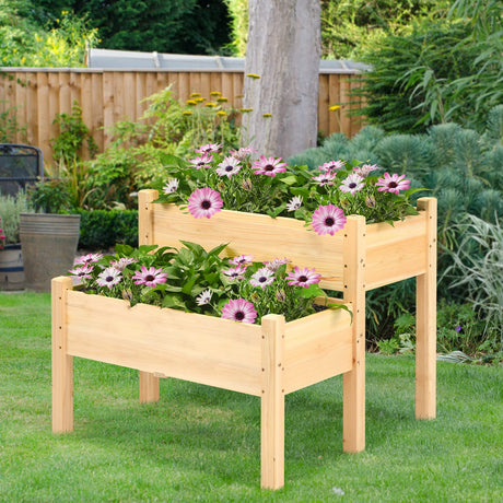 RELAX4LIFE 2-Tier Raised Garden Bed - Fir Wood Garden Elevated Planter Box with Legs, 8 Drainage Holes,220 Capacity for Growing Vegetable, Elevated Garden Bed for Outdoor Yard Patio Balcony (Natural) RELAX4LIFE