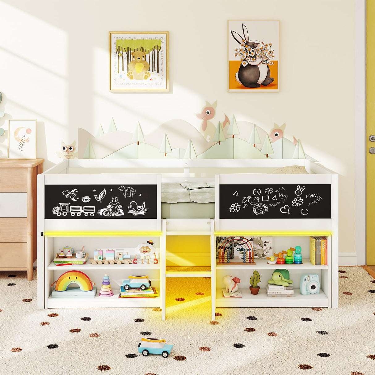 Giantex Low Loft Bed with LED Lights, Wooden Twin Size Loft Bed with Ladder & Blackboard, Twin Bed Frames for Kids with Storage 2 Bookcases and Play Space, White Giantex