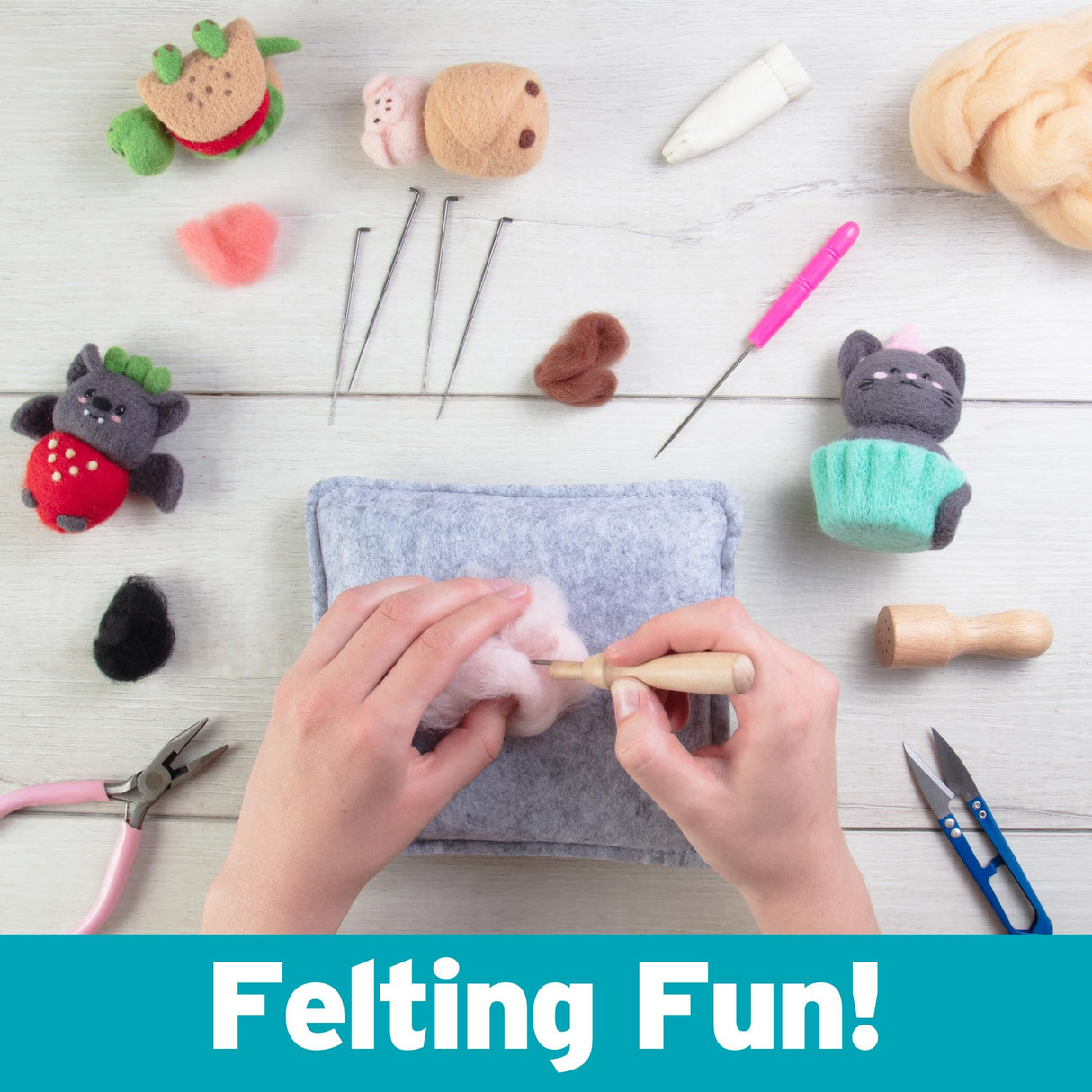 DIY Needle Felting Kit w Case- Animal Foodie Friends- Make 8 Adorable Designs- Starter Kit Includes Mat, Wool Felt Tools, Needles, Instructions- Homemade Arts & Crafts Gift, Kids & Teen Party Activity Idiy