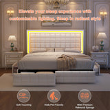 GEGOFORU LED Upholstered King Bed Frame with Adjustable Headboard and 4 Drawers in PU White GEGOFORU