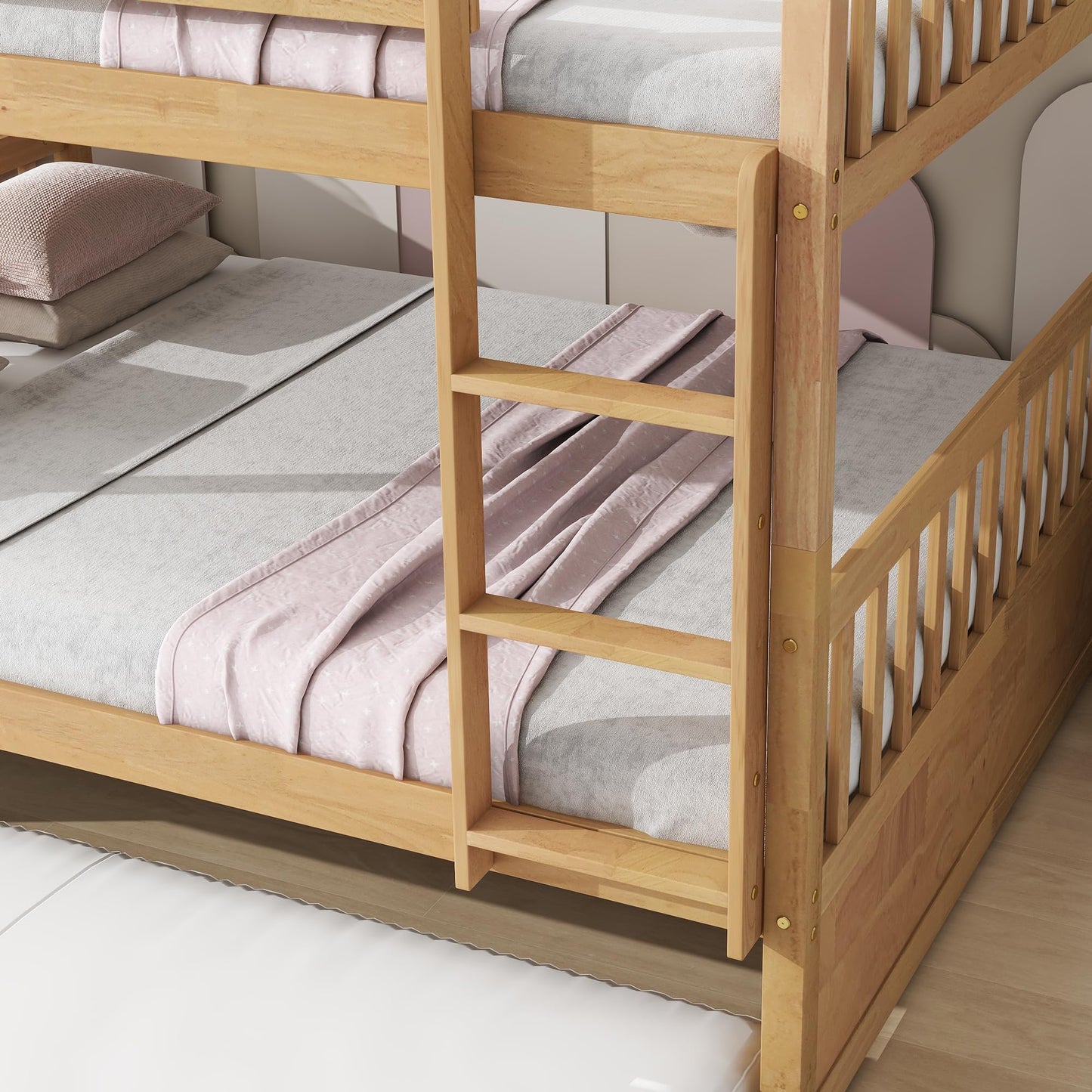 WIILAYOK Full Over Full Bunk Bed with Trundle, Convertible to 2 Platform Bed, Solid Wood Bunk Bed with Ladder and Safety Rails for Teens, Adults, Natural