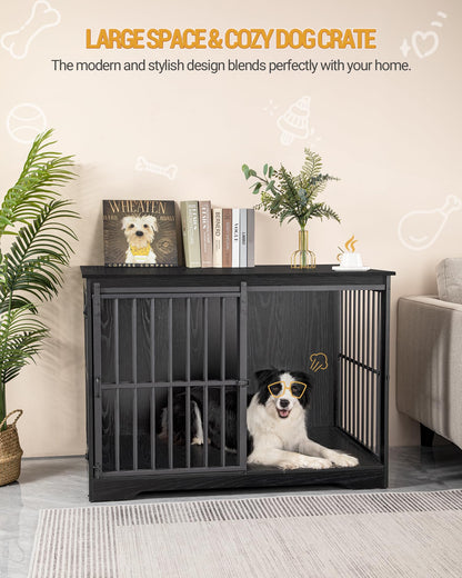 Hzuaneri Dog Crate Furniture, 44.1" Double Door Dog Crate with Barn Door, Dog Kennel Indoor, End Side Table Wooden Dog Crate for Small Medium Large Dog, Anti-Chew Anti-Escape, Black