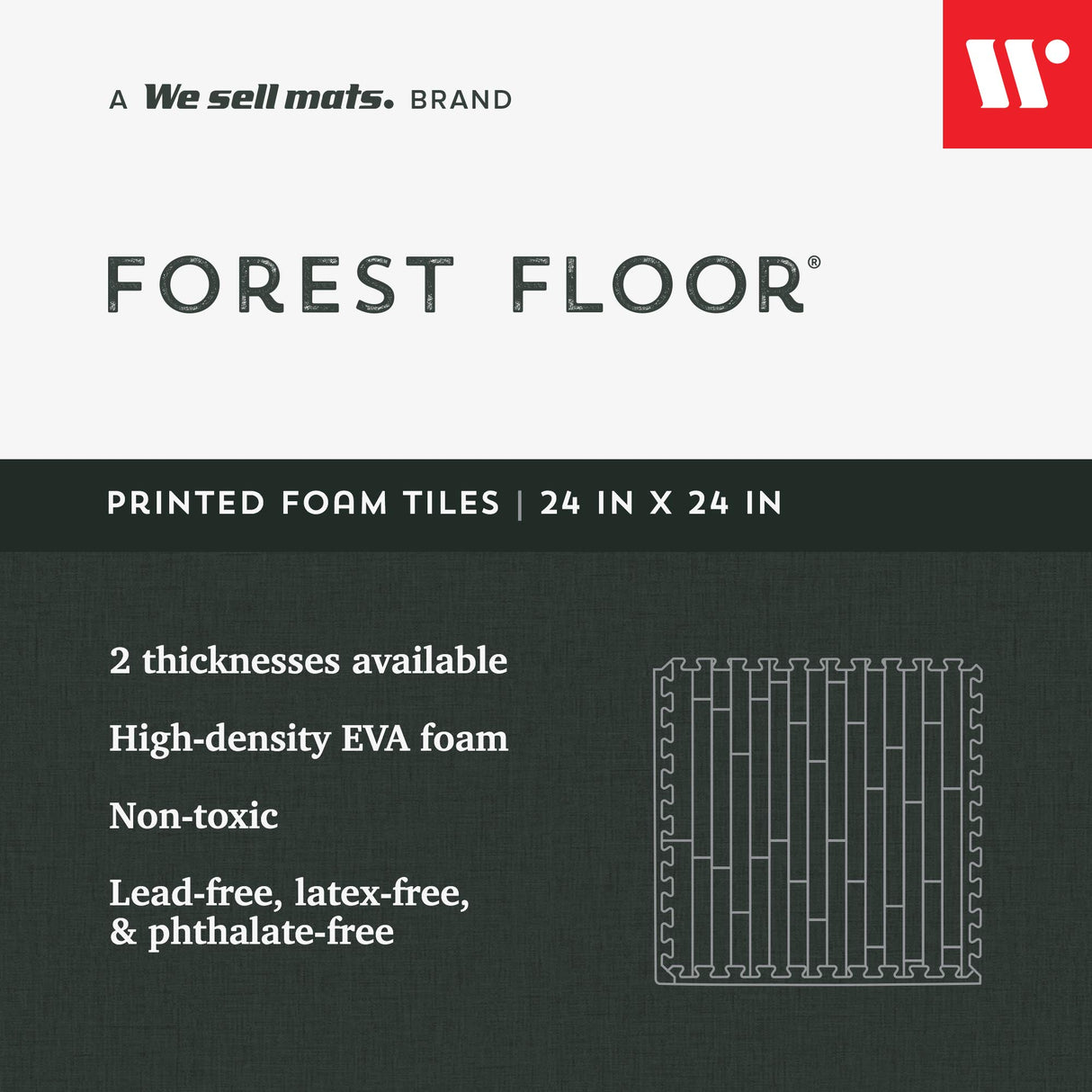 Forest Floor 3/8 Inch Thick Printed Foam Tiles, Premium Wood Grain Interlocking Foam Floor Mats, Anti-Fatigue Flooring, 24 in x 24 in We Sell Mats