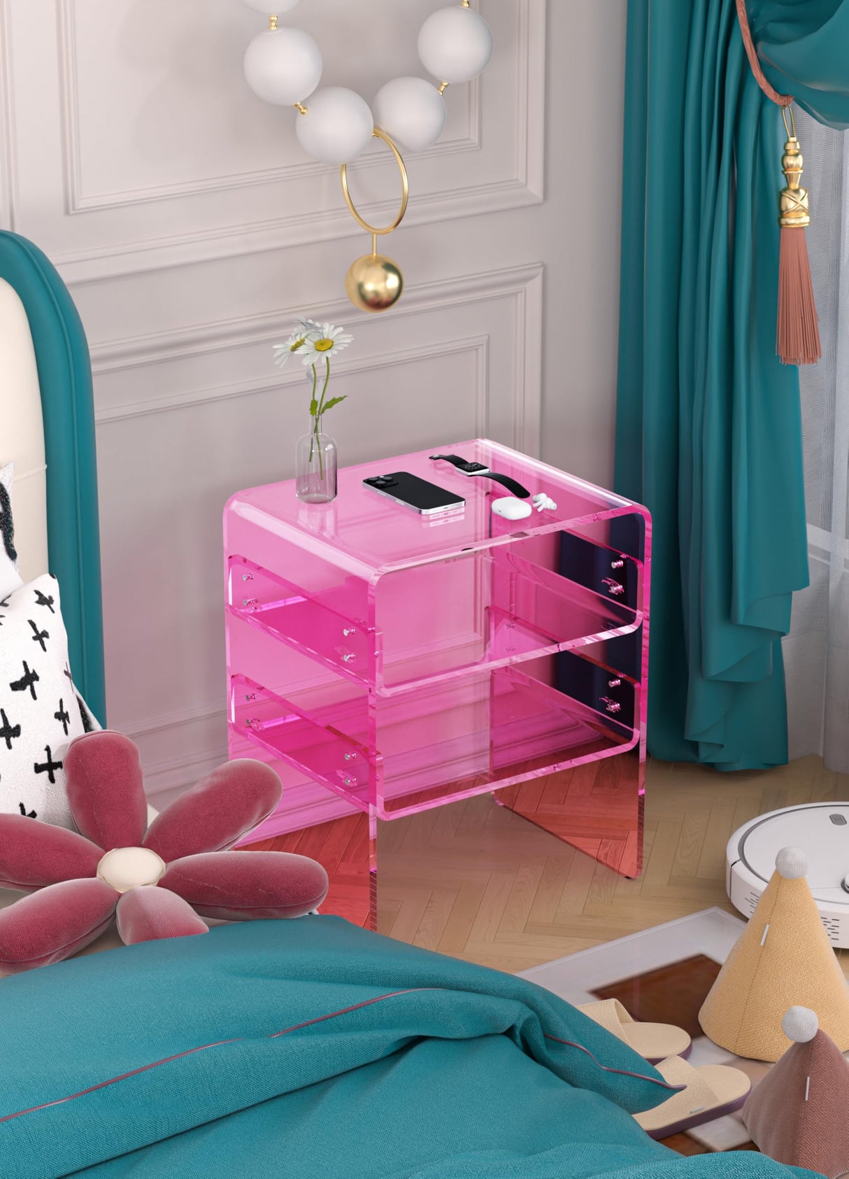 Clear Acrylic 3-Tier End Table/Nightstand – Sleek Bedside Storage with Durable Design, Perfect for Bedrooms, Living Rooms, or Modern Interiors – Ideal as a Bedside Table or Sofa Side Piece (Pink) Smitten.Life