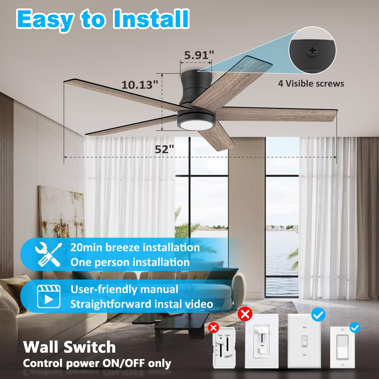 52" Smart Wood Low Profile Ceiling Fan with Lights Remote,Outdoor Indoor Flush Mount Ceiling Fans,Controll by Voice WIFI Alexa App,Quiet DC Motor,Modern Black Walnut Fan for Bedroom Living Room Patio Lorpies