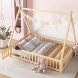 Mirightone Full Size Montessori Tent Floor Bed with Slats and Guardrails in Natural Wood Mirightone