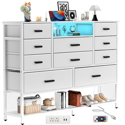 Harpaq White Dresser for Bedroom with 10 Drawers, Dresser with Charging Station, TV Stand Dresser with LED Light for 55" TV, Fabric Drawer Dresser with PU Finish, Dresser with Shelves for Clo - WoodArtSupply