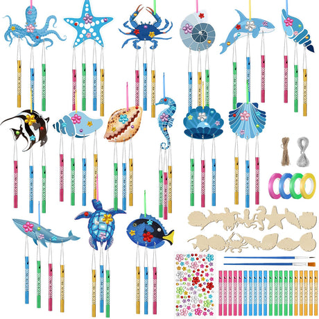 128 Pcs Summer Ocean Wind Chime Making Kit Make Your Own Sea Animals Wind Chime Wooden Ocean Animals Arts Ornaments for DIY Crafts Activity Birthday Summer Party Decoration Anglechic
