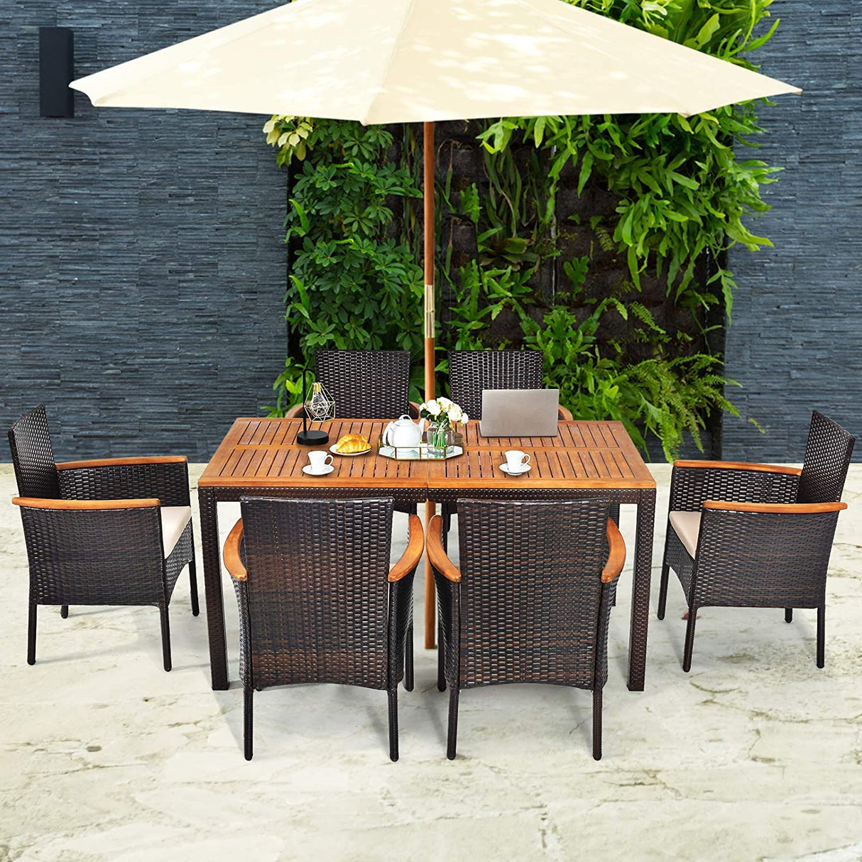 HAPPYGRILL 7 Pieces Patio Dining Set Outdoor Rattan Wicker Dining Set with Umbrella Hole, Removable Cushions, Table & Chairs Set with Acacia Wood Table Top HAPPYGRILL