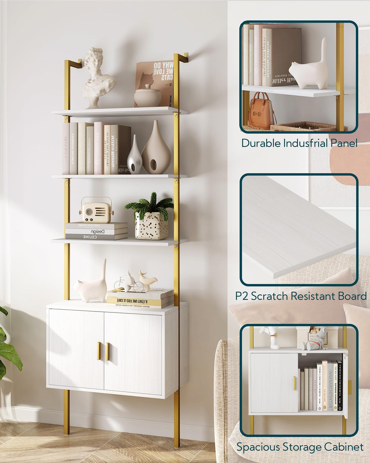 Yusong 73" Tall Bookshelf with Cabinet, Industrial Ladder Wall Mount Shelf Bookcase with Wood and Metal Frame, Plant Shelf Wall Storage Display for Living Room Bedroom, White Gold Yusong