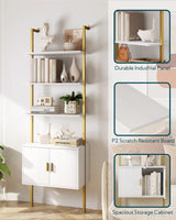 Yusong 73" Tall Bookshelf with Cabinet, Industrial Ladder Wall Mount Shelf Bookcase with Wood and Metal Frame, Plant Shelf Wall Storage Display for Living Room Bedroom, White Gold Yusong