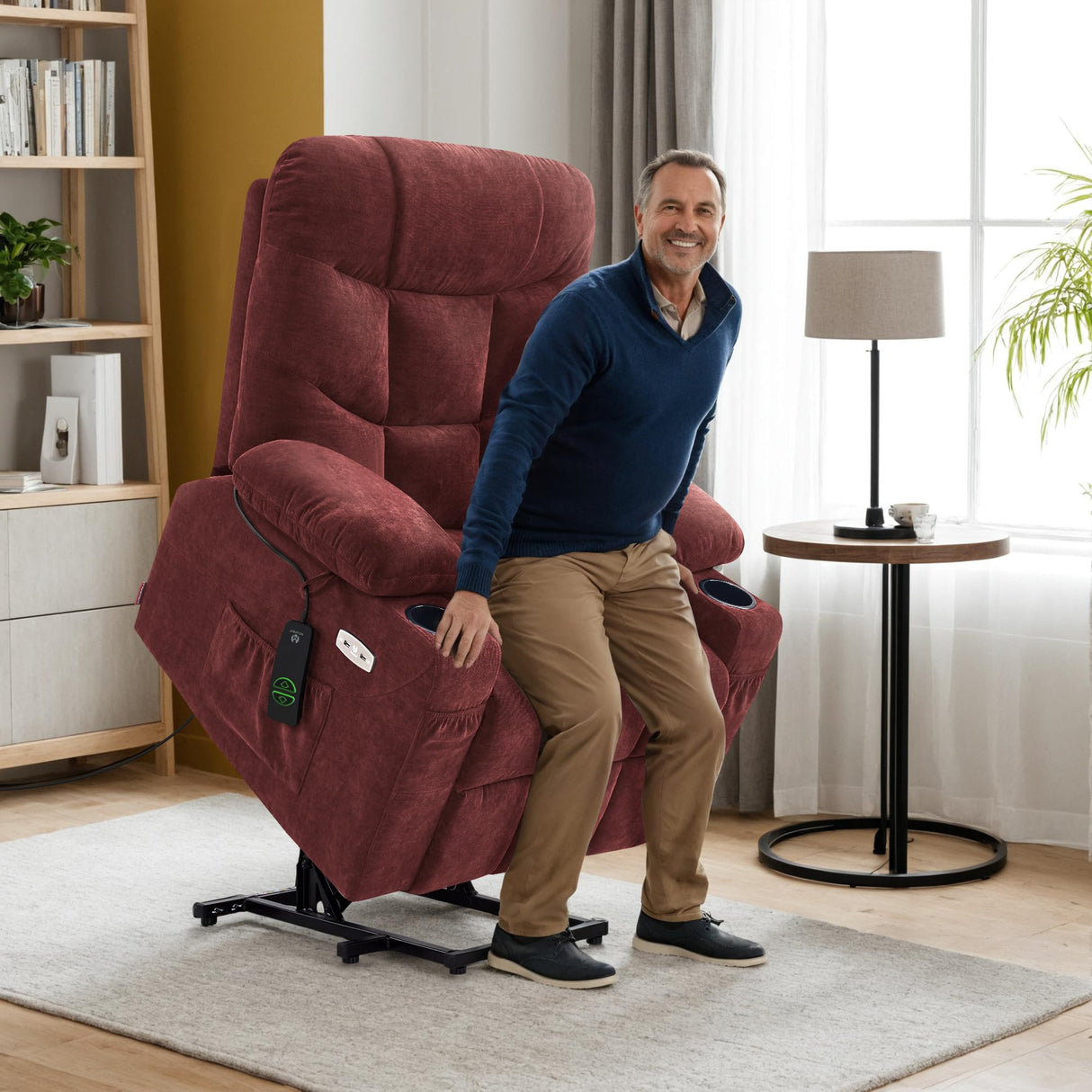 MCombo Power Lift Recliner Chair with Extended Footrest for Elderly People, Fabric 7287 (Burgundy, Medium) MCombo
