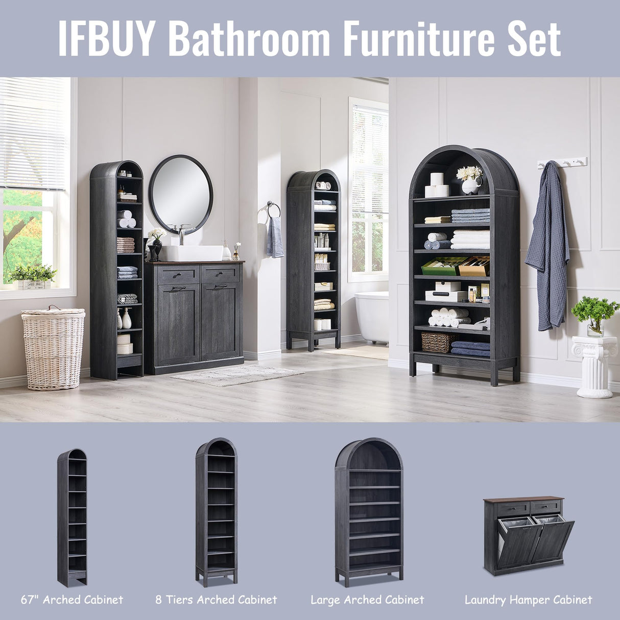 IFBUY 67" Tall Arched Bathroom Storage Cabinet, 8-Tier Modern Farmhouse Storage Cabinet with Adjustable Shelves, Wood Freestanding Cabinet for Bathroom, Living Room, Entryway, Hallway (Dark Grey) IFBUY