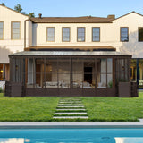 Domi 12x20FT Sunroom,Wall Mounted Gazebo Solarium with Front Door, Both Side Entrance, Galvanized Steel Sloping Roof, Moveable PC Screen, Outdoor Permanent Sun Room Lean to Gazebo for Deck Patio domi outdoor living