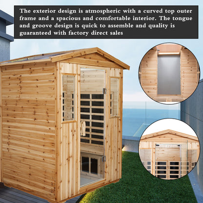 WEALTHOME Outdoor Sauna for 4 Person,Applicable Indoors and Outdoors. Far Infrared Sauna 8 Low EMF Heaters, Wooden Sauna Room 2050 Watt, Old Chinese Fir, Chromotherapy, Bluetooth Speaker, LCD, LED