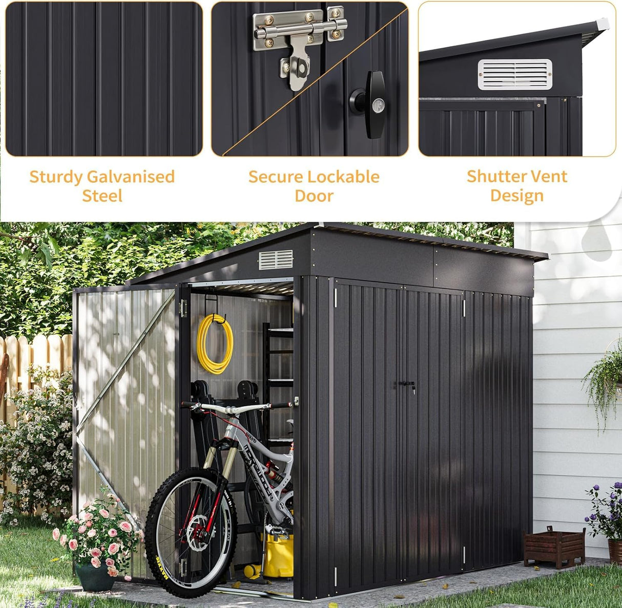 Aoxun 4' x 8' Shed Outdoor Storage Shed with Triple Lockable Door Metal Storage Cabinet with Slopping Roof for Tools Bicycles Storage for Garden, Patio, Courtyard Aoxun