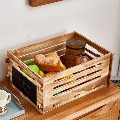 SUQANACY Decorative Wooden Crate Box Rustic Wood Basket for Display Storage Container Decorative Crate Wooden Boxes With Blackboard Potato Storage Box Vegetable Display Bins Wood Cube Storage