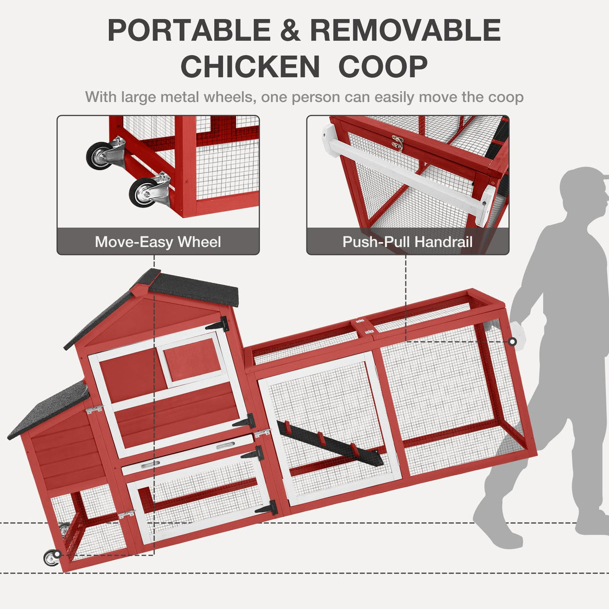 MEDEHOO Chicken Coop for Outdoor - Poultry Cage with Wheels, Nesting Box, Leakproof Pull-on Tray, and Asphalt Waterproof Roof - Red MEDEHOO