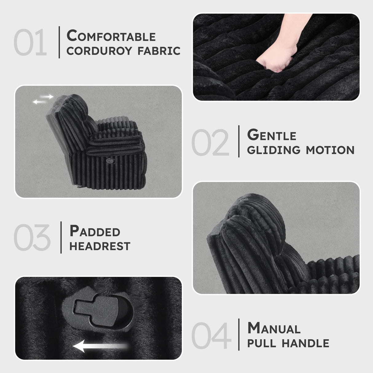 Lexicon Manual Glider Recliner Chair, Corduroy Manual Tab Pull Reclining Chair with Pillow Top Arms, Plush Cushions, Cozy Theater-Style Accent for Living Room/Bedroom, Easy Assembly, Black Lexicon