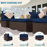NICESOUL® Large 8 Pieces Brown Deep Seating Patio Backyard Patio Furniture with Ottomans Wicker Sectional Wicker Rattan Conversation Set with Navy Blue Olefin Cushion NICESOUL