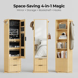 IRONCK 360° Swivel Jewelry Cabinet, Jewelry Armoire with Full Length Mirror, Coat Rack and 4-Tier Shelf, Standing Jewelry Organizers with 2 Drawers, Oak IRONCK