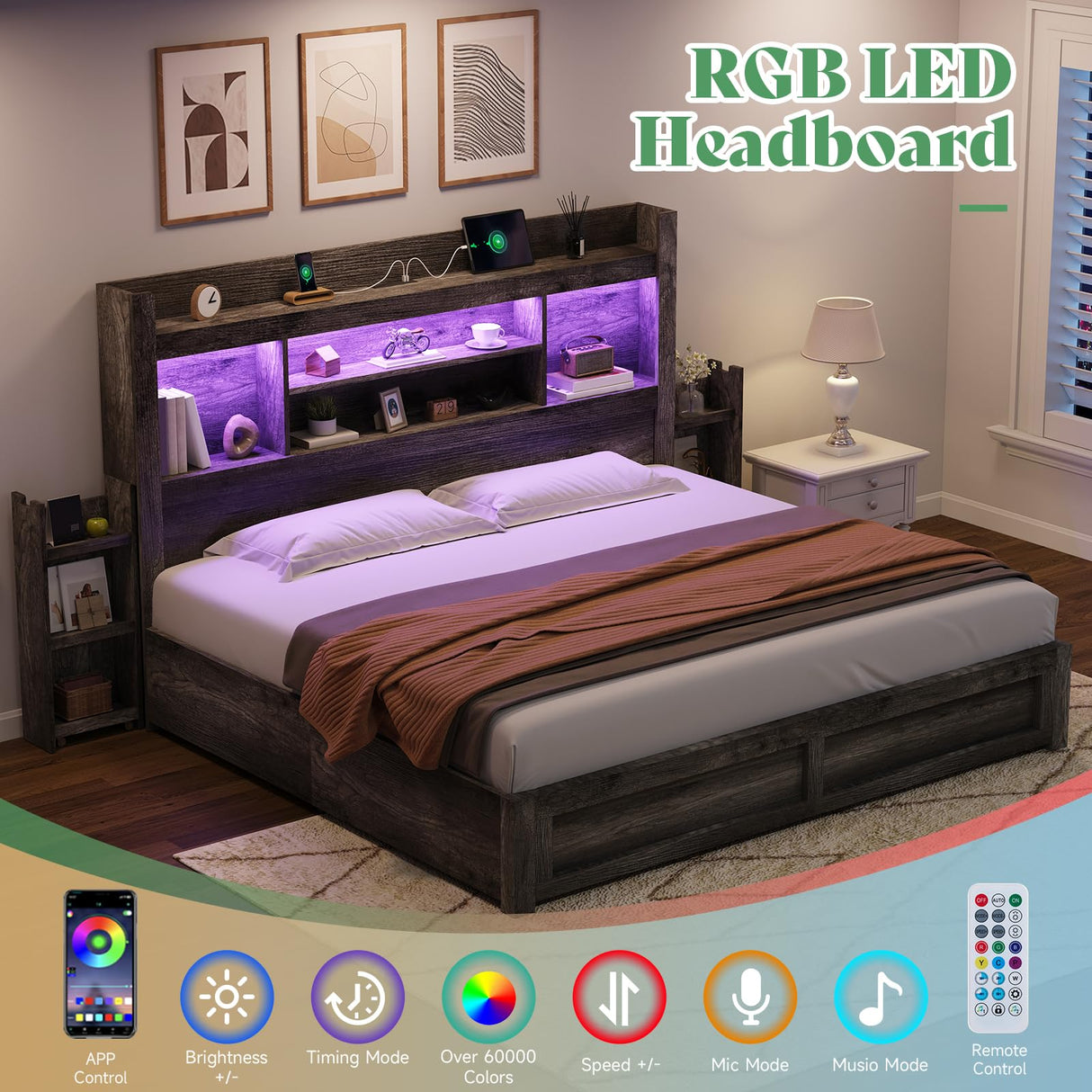 AMERLIFE King Size Bed Frame with 4 Storage Drawers, LED Bed Frame with 49“ Tall Bookcase Headboard, Wood Platform Bed with Charging Station & 2 Slide Bedside Shelf, No Box Spring Needed/Rustic Grey AMERLIFE