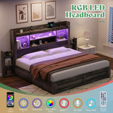 AMERLIFE King Size Bed Frame with 4 Storage Drawers, LED Bed Frame with 49“ Tall Bookcase Headboard, Wood Platform Bed with Charging Station & 2 Slide Bedside Shelf, No Box Spring Needed/Rustic Grey AMERLIFE