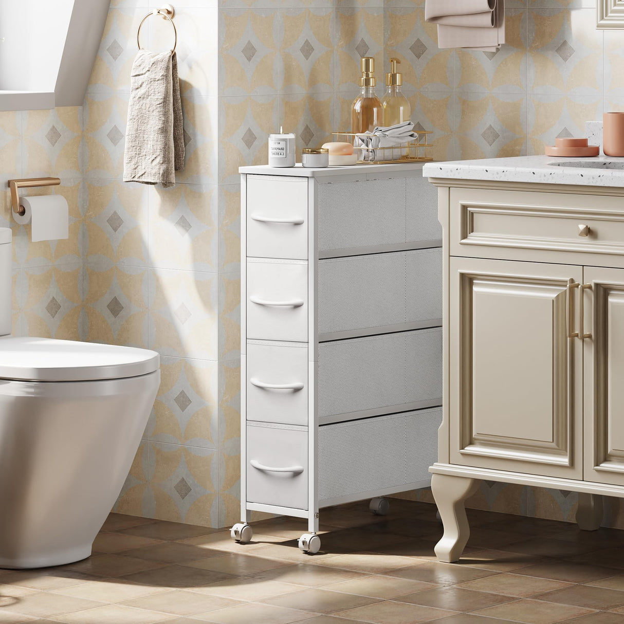 EKNKOZY Narrow Dresser Storage Tower with 4 Drawers, Slim Dresser Chest of Drawers with Steel Frame, Wood Top, Dresser for Bedroom, Bathroom, Small Spaces, Laundry, Closet (White) EKNKOZY