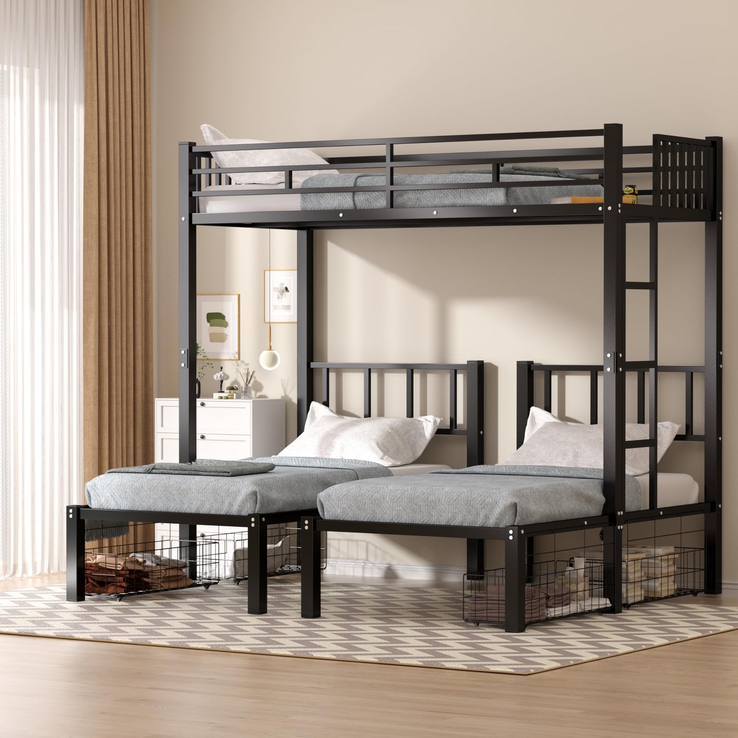 UOCFYK Twin L-Shaped Triple Bunk Bed with Drawers,Can be Divided into 3 Separate Beds w/Safety Textilene Guardrals & Ladder,Space Saving Design for 3 Kids & Teens, No Box Spring Needed, Black