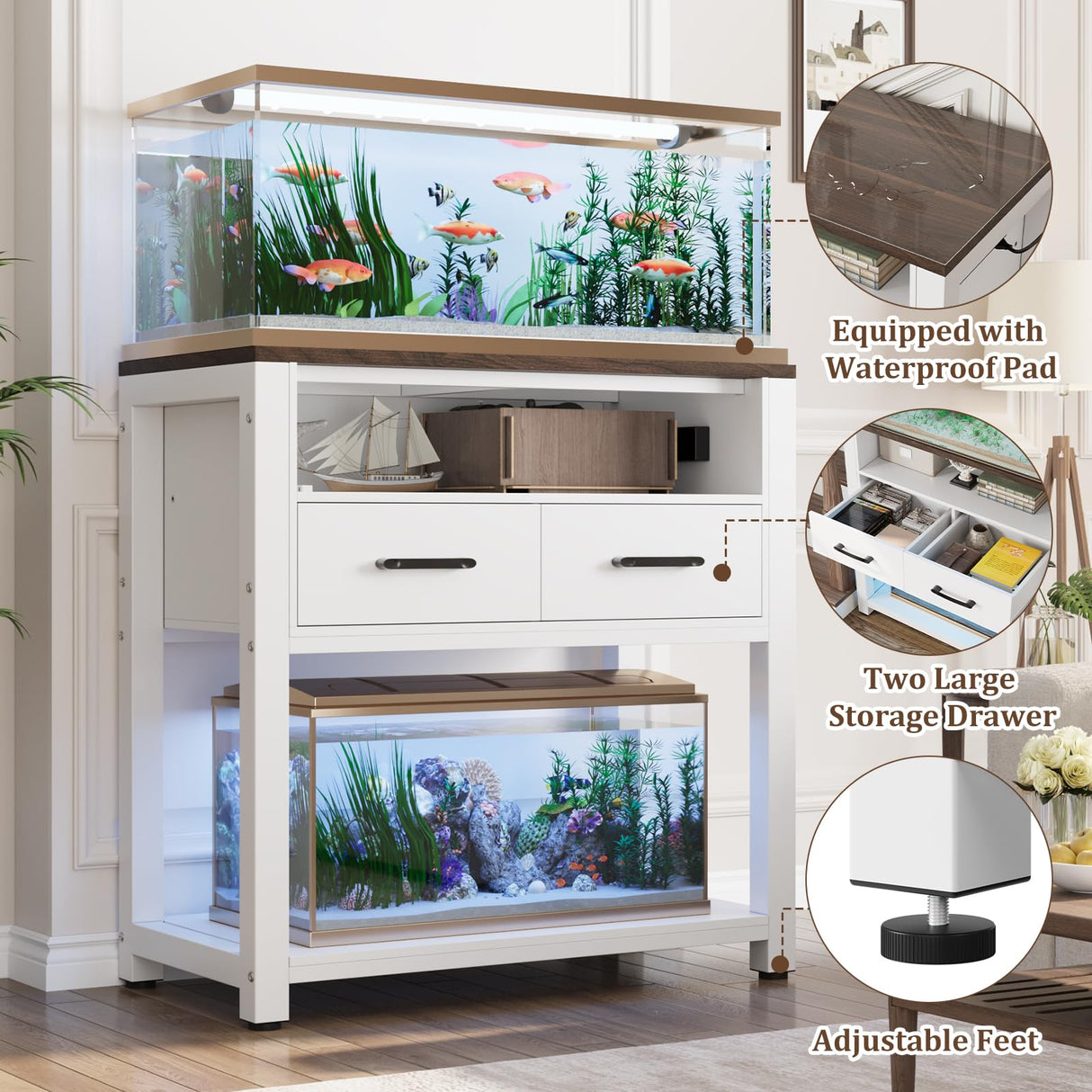 EOSVALO 20-29 Gallon Aquarium Stand with Stable Metal Frame & Power Outlet, Heavy-Duty Fish Tank Stand with Waterproof Mat, 550LBS Capacity Storage Cabinet, White+Brown EOSVALO