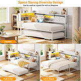 Homieasy Corner Bed Frame with Trundle, Reversible Metal Twin Daybed with LED & Charging Station, Farmhouse Platform Bed Frame with Bookcase Storage for Bedroom Guest/Living Room, White Homieasy