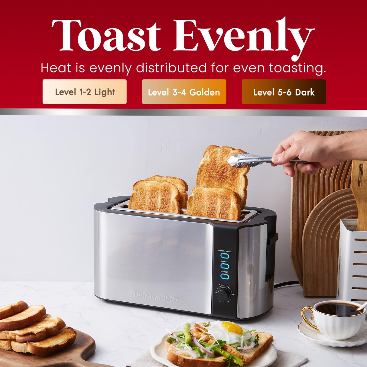 Elite Gourmet ECT-3100 Long Slot 4 Slice Toaster, Reheat, 6 Toast Settings, Defrost, Cancel Functions, Built-in Warming Rack, Extra Wide Slots for Bagels & Waffles, Stainless Steel & Black Elite Gourmet