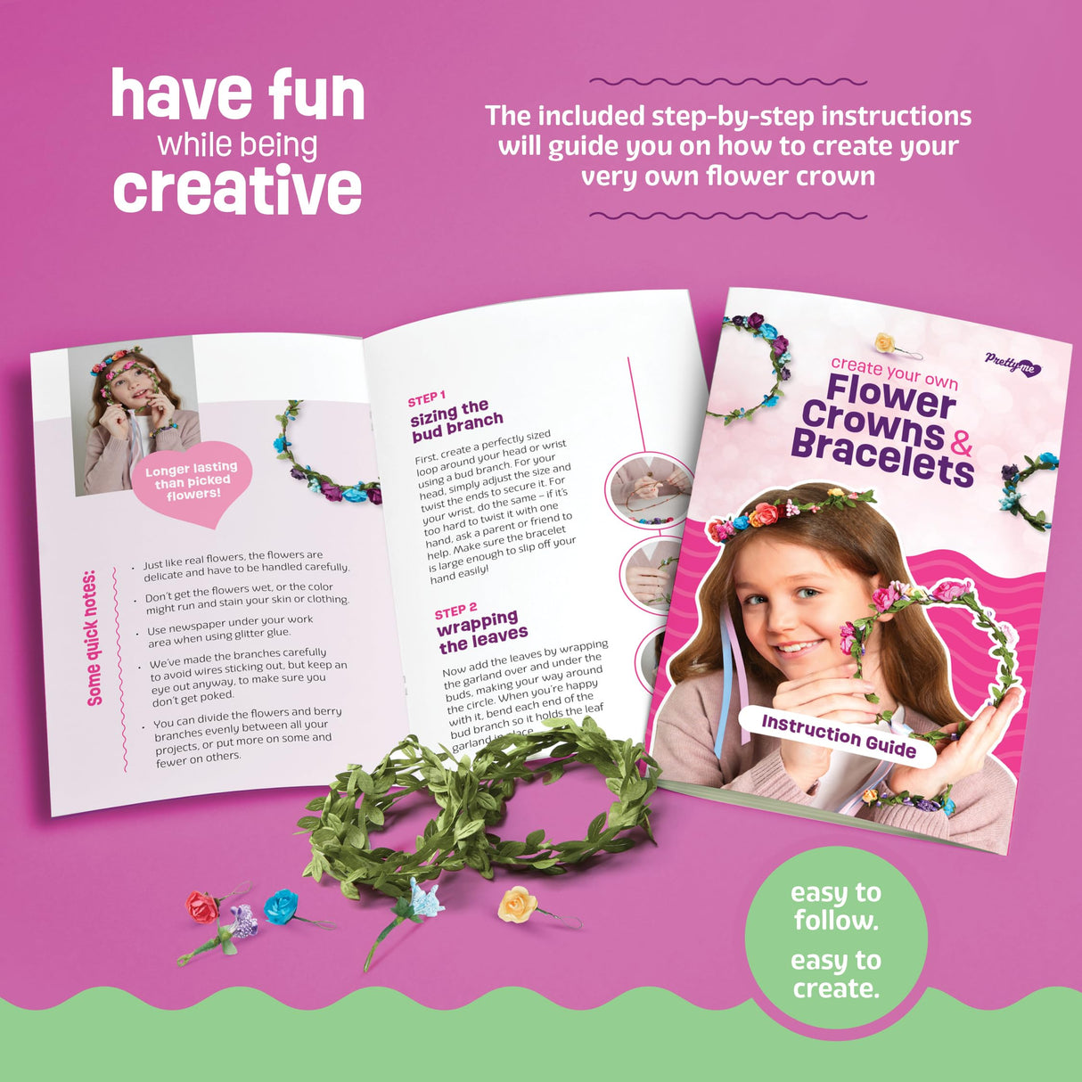 Pretty Me Flower Crown & Bracelet Making Kit for Kids - Crafts for Girls Ages 6-8 Years Old - Arts & Craft Birthday Gifts for Girl Age 6 to 10 Year Olds - Gift Art Activities DIY Hair Accessories Pretty Me