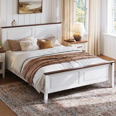 LINSY Farmhouse Bed Frame, Full Bedframe with Headboard and Footboard, Wooden Bed Frame with Solid Wood Slats, Rustic White Platform Bed Frames Full Size, No Box Spring Needed