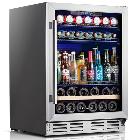 Beverage Fridge 24 Inch Beverage and Wine Cooler Built-in or Freestanding - 120 Cans & 16 Bottles Capacity Wine Refrigerator Cooler Kalamera